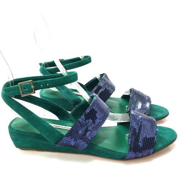 NWOB Handmade THE CURRENT NEW YORK Designer Sequin & Suede Leather Wedge Sandals - Picture 2 of 4